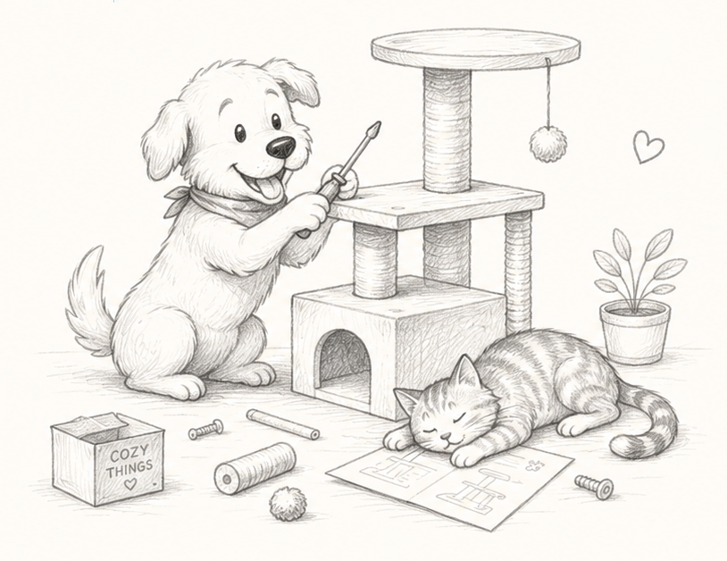 Dog building a cat tree while a cat naps nearby